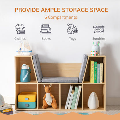 Natural 6-Cubby Kids Bookcase With Soft Cushion Reading Nook
