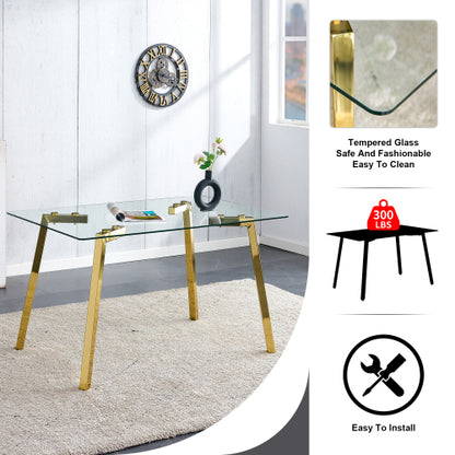 Modern Minimalist Glass Dining Table with Golden Metal Legs
