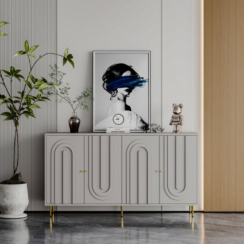 Modern Gray Lacquered 4 Door Sideboard Buffet Cabinet Gold Metal Legs Adjustable Shelves