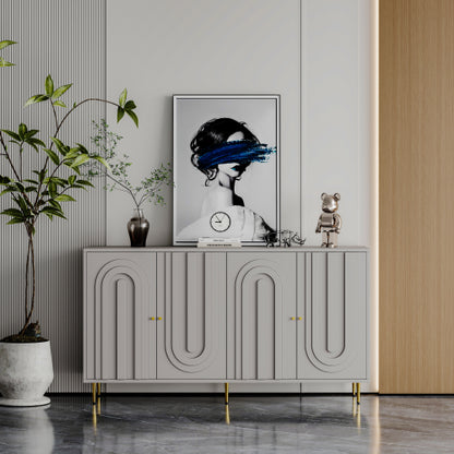 Modern Gray Lacquered 4 Door Sideboard Buffet Cabinet Gold Metal Legs Adjustable Shelves