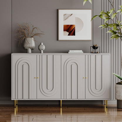 Modern Gray Lacquered 4 Door Sideboard Buffet Cabinet Gold Metal Legs Adjustable Shelves
