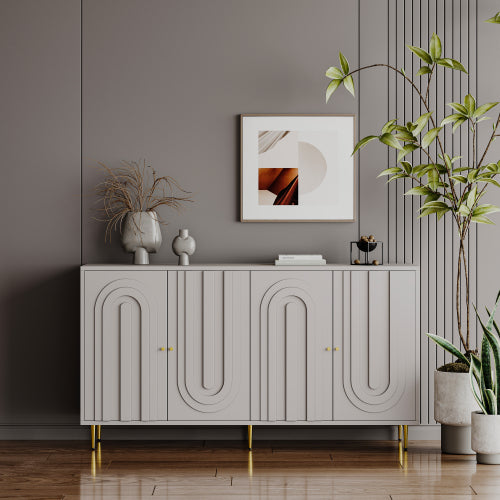 Modern Gray Lacquered 4 Door Sideboard Buffet Cabinet Gold Metal Legs Adjustable Shelves