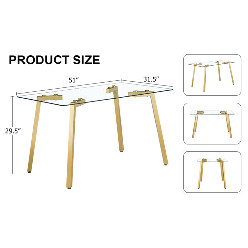 Modern Minimalist Glass Dining Table with Golden Metal Legs