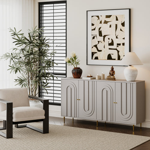 Modern Gray Lacquered 4 Door Sideboard Buffet Cabinet Gold Metal Legs Adjustable Shelves