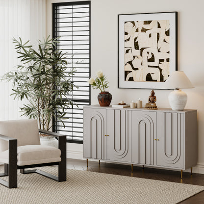Modern Gray Lacquered 4 Door Sideboard Buffet Cabinet Gold Metal Legs Adjustable Shelves