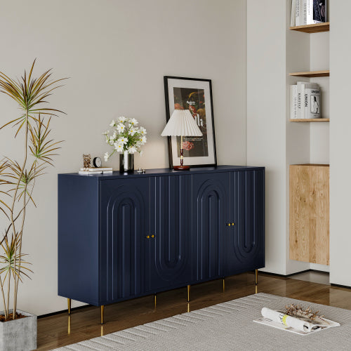 Modern Blue Lacquered 4 Door Sideboard Buffet Cabinet Gold Metal Legs Adjustable Shelves