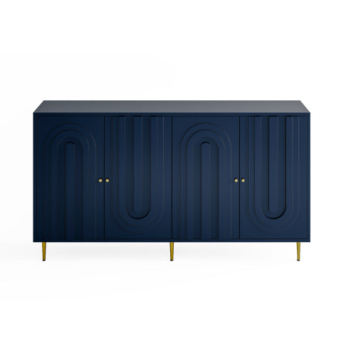 Modern Blue Lacquered 4 Door Sideboard Buffet Cabinet Gold Metal Legs Adjustable Shelves