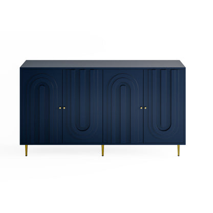 Modern Blue Lacquered 4 Door Sideboard Buffet Cabinet Gold Metal Legs Adjustable Shelves
