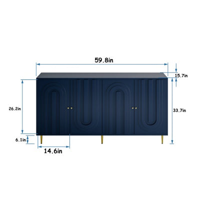 Modern Blue Lacquered 4 Door Sideboard Buffet Cabinet Gold Metal Legs Adjustable Shelves