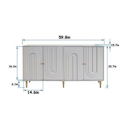 Modern Gray Lacquered 4 Door Sideboard Buffet Cabinet Gold Metal Legs Adjustable Shelves