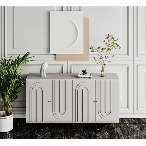 Modern Gray Lacquered 4 Door Sideboard Buffet Cabinet Gold Metal Legs Adjustable Shelves