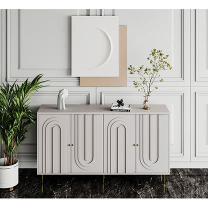 Modern Gray Lacquered 4 Door Sideboard Buffet Cabinet Gold Metal Legs Adjustable Shelves