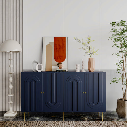 Modern Blue Lacquered 4 Door Sideboard Buffet Cabinet Gold Metal Legs Adjustable Shelves
