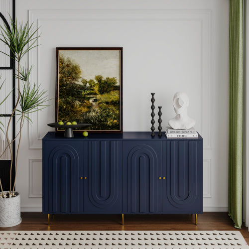 Modern Blue Lacquered 4 Door Sideboard Buffet Cabinet Gold Metal Legs Adjustable Shelves