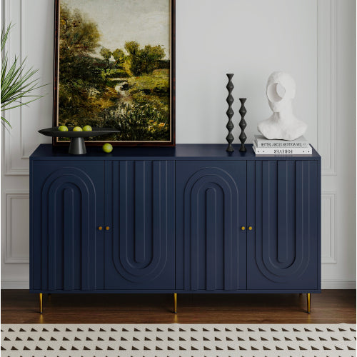 Modern Blue Lacquered 4 Door Sideboard Buffet Cabinet Gold Metal Legs Adjustable Shelves