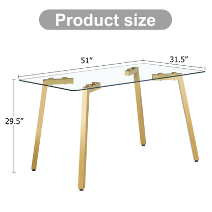 Modern Minimalist Glass Dining Table with Golden Metal Legs