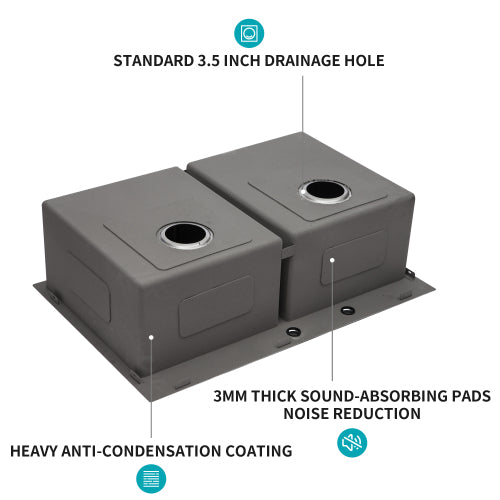 Double Bowl (50/50) Drop in Sink - 33"x22"x10" Stainless Steel Kitchen Sink 16 Gauge with Two 10" Deep Basin