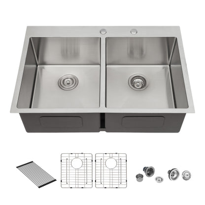 Double Bowl (50/50) Drop in Sink - 33"x22"x10" Stainless Steel Kitchen Sink 16 Gauge with Two 10" Deep Basin