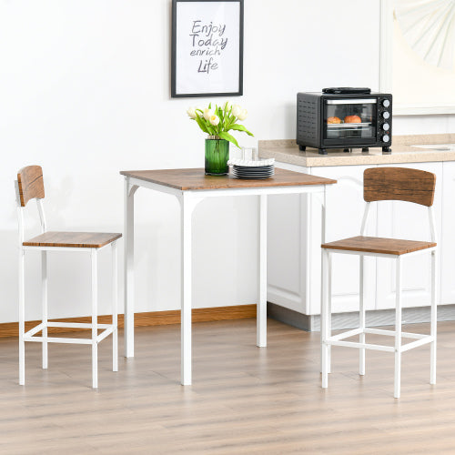 3-Piece White Industrial Bar Set, Square Steel Frame Table & 2 Stools with Footrests