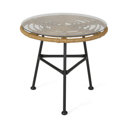 Orlando Outdoor Glass Top Faux Rattan Side Table,Tempered Glass Top End Table for Balcony Porch Deck
