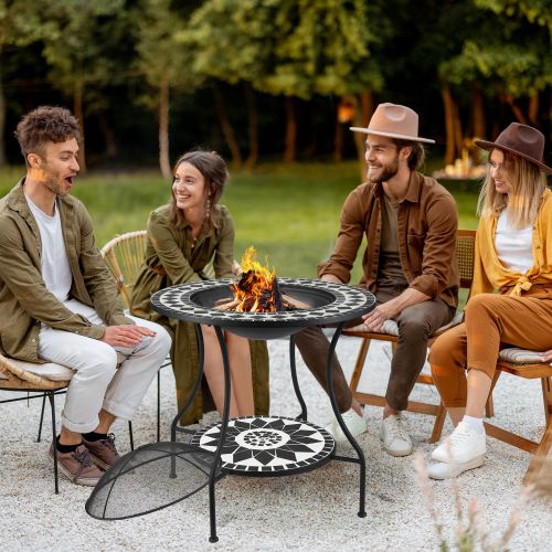 30" Outdoor Fire Pit Dining Table, 3-in-1 Round Wood Burning Fire Pit Bowl