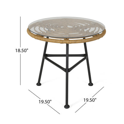 Orlando Outdoor Glass Top Faux Rattan Side Table,Tempered Glass Top End Table for Balcony Porch Deck