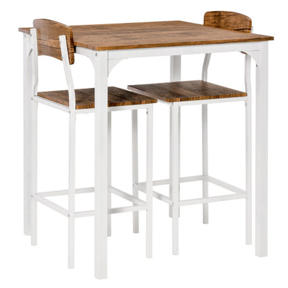 3-Piece White Industrial Bar Set, Square Steel Frame Table & 2 Stools with Footrests