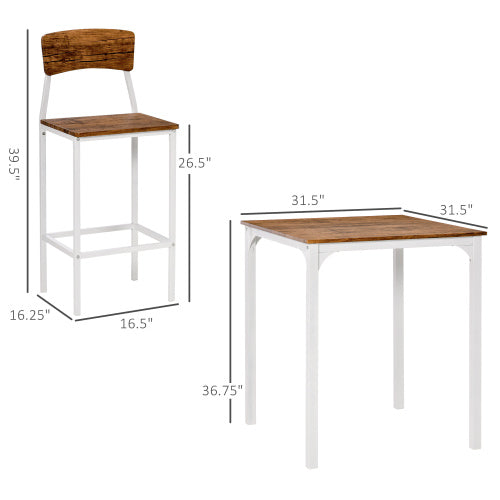 3-Piece White Industrial Bar Set, Square Steel Frame Table & 2 Stools with Footrests