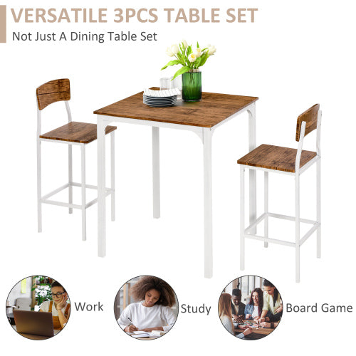3-Piece White Industrial Bar Set, Square Steel Frame Table & 2 Stools with Footrests