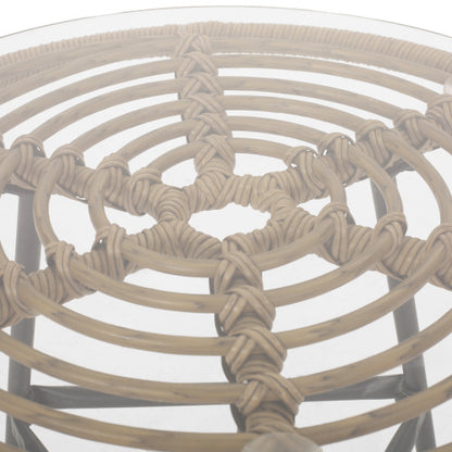 Orlando Outdoor Glass Top Faux Rattan Side Table,Tempered Glass Top End Table for Balcony Porch Deck