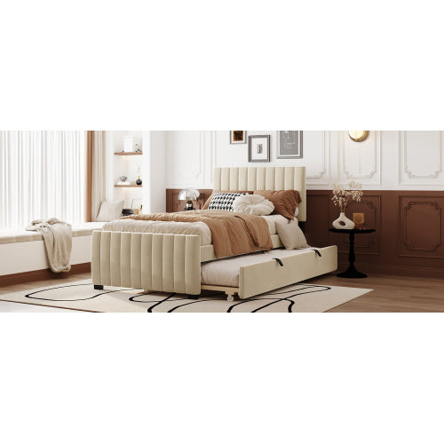 Twin Size Velvet Upholstered Platform Bed with Twin Size Trundle, Beige
