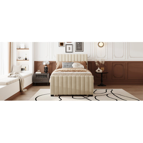 Twin Size Velvet Upholstered Platform Bed with Twin Size Trundle, Beige