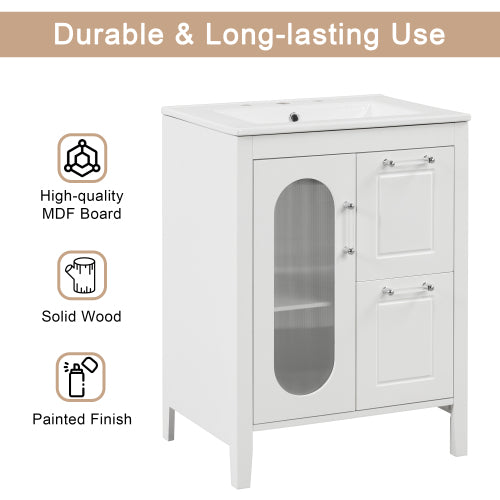 24" Bathroom Vanity with Sink, Bathroom Vanity Cabinet with Two Drawers and Door, Adjustable Shelf, Solid Wood and MDF, White (Old Sku:WF309411AAK)