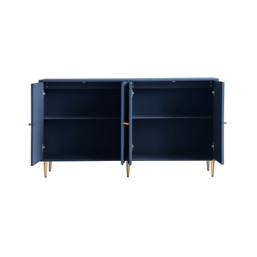 Modern Blue Lacquered 4 Door Sideboard Buffet Cabinet Gold Metal Legs Adjustable Shelves