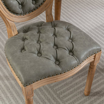 Set of 2 White Pine Green French PU Tufted Nailhead High Back Dining Chairs, Solid Wood Frame 280 LBS Capacity