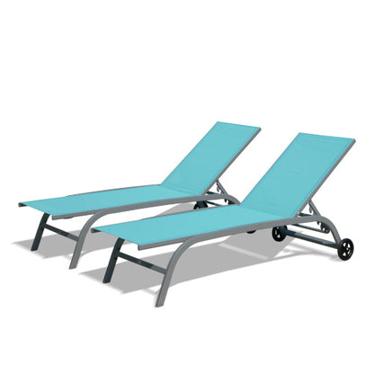 Chaise Lounge Outdoor Set of 2, Lounge Chairs for Outside with Wheels, Outdoor Lounge Chairs with 5 Adjustable Position, Pool Lounge Chairs for Patio,Beach,Poolside(Lake Blue,2 Lounge Chairs)
