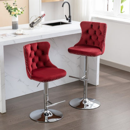 Swivel Velvet Barstools Adjusatble Seat Height from 25-33 Inch, Chrome base Bar Stools with Backs Comfortable Tufted for Home Pub and Kitchen Island, Wine Red,Burgundy,Set of 2