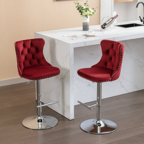 Swivel Velvet Barstools Adjusatble Seat Height from 25-33 Inch, Chrome base Bar Stools with Backs Comfortable Tufted for Home Pub and Kitchen Island, Wine Red,Burgundy,Set of 2