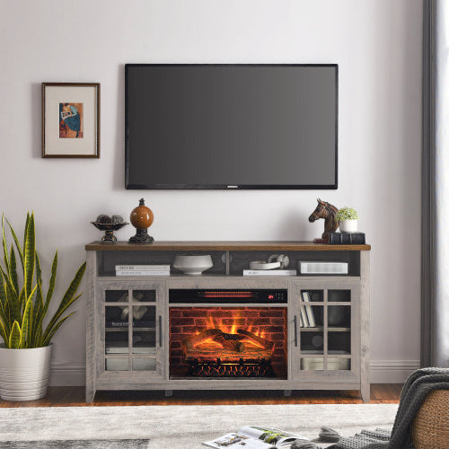 55 inch TV Media Stand with Electric Fireplace KD Inserts Heater,Gray Wash Color