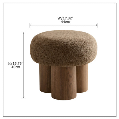 Brown Teddy Mushroom Ottoman Stool, Walnut Veneer Barrel Base Cute Footrest for Entryway & Kids Room