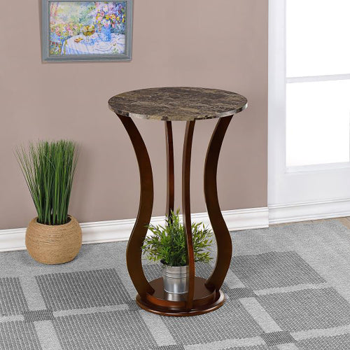Brown Round Accent Table with Faux Marble Top, Rubberwood & MDF Pedestal Side Table, 28.5inch H