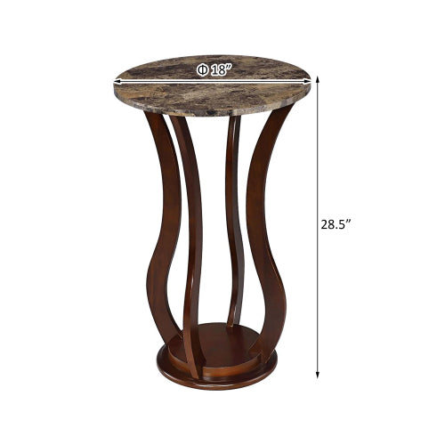 Brown Round Accent Table with Faux Marble Top, Rubberwood & MDF Pedestal Side Table, 28.5inch H