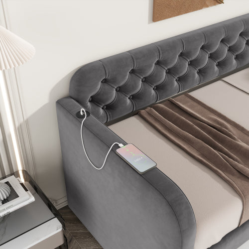 Twin Size Upholstered Daybed with Trundle and USB Charging Design, Velvet Upholstered Daybed Frame, Twin Sofa Bed for Living Room Bedroom, No Box Spring Needed,Plush velvet fabric dark grey 18