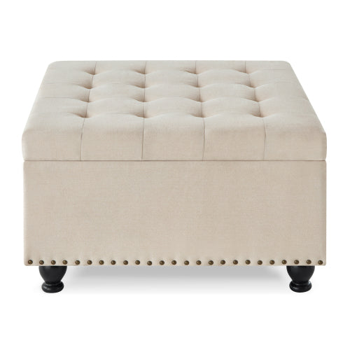 Beige Linen Square Storage Ottoman, Button Tufted Ottoman Coffee Table with Nail Trim & Wooden Legs, 30 inchW x30 inchD x18 inchH