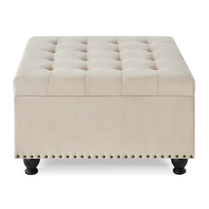 Beige Linen Square Storage Ottoman, Button Tufted Ottoman Coffee Table with Nail Trim & Wooden Legs, 30 inchW x30 inchD x18 inchH