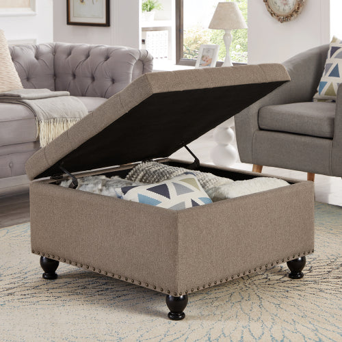 Linen Square Storage Ottoman, Button Tufted Ottoman Coffee Table with Nail Trim & Spindle Wood Legs, 30 inchW x30 inchD x18 inchH