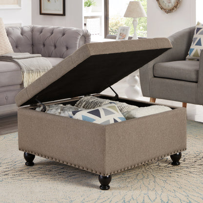 Linen Square Storage Ottoman, Button Tufted Ottoman Coffee Table with Nail Trim & Spindle Wood Legs, 30 inchW x30 inchD x18 inchH