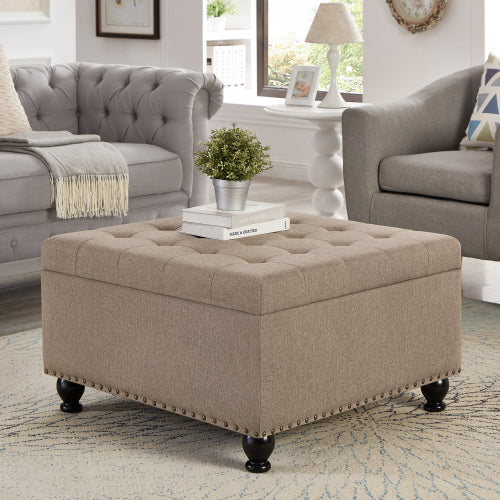Linen Square Storage Ottoman, Button Tufted Ottoman Coffee Table with Nail Trim & Spindle Wood Legs, 30 inchW x30 inchD x18 inchH