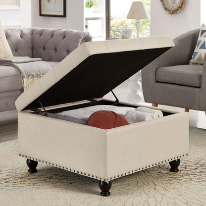 Beige Linen Square Storage Ottoman, Button Tufted Ottoman Coffee Table with Nail Trim & Wooden Legs, 30 inchW x30 inchD x18 inchH