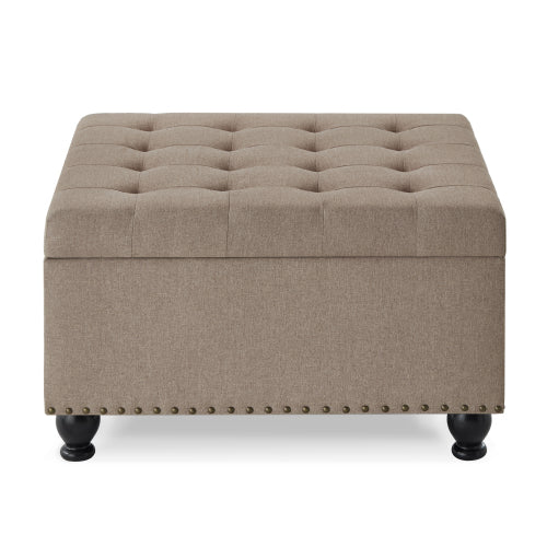 Linen Square Storage Ottoman, Button Tufted Ottoman Coffee Table with Nail Trim & Spindle Wood Legs, 30 inchW x30 inchD x18 inchH